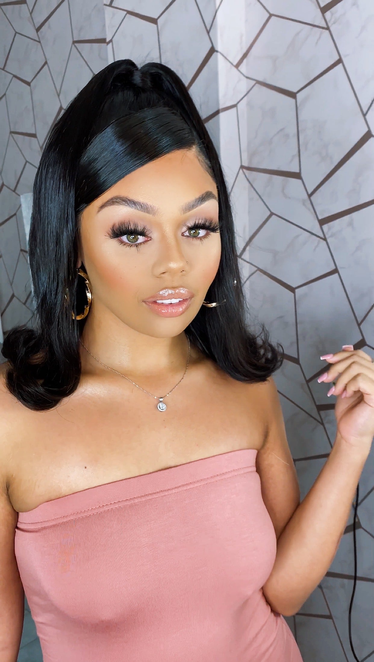 Black long bob wig, ponytail half up-do - PARIS