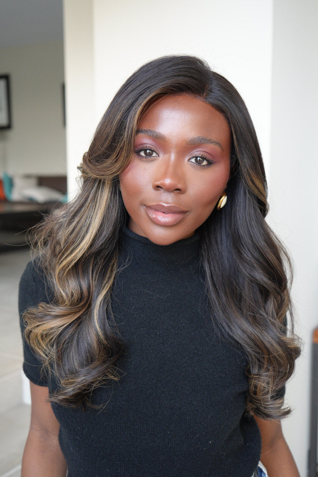 Cool blonde balayage on natural black base wig unit - Dark and Stormy