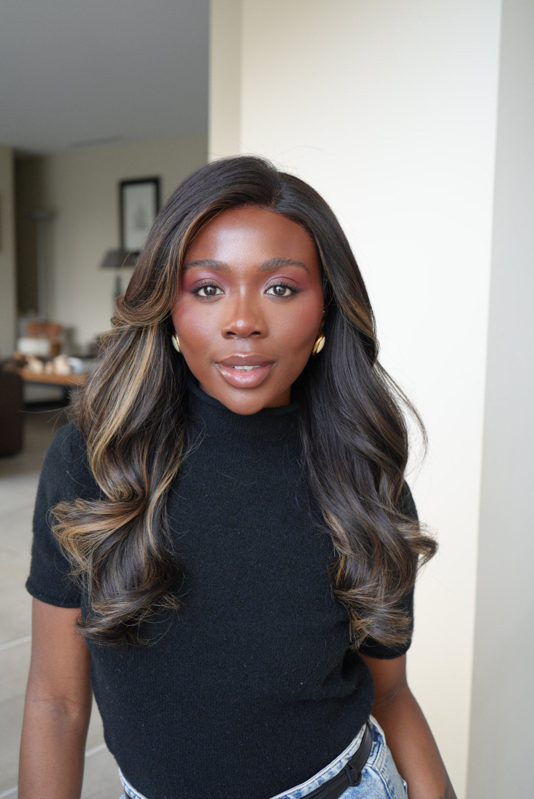 Cool blonde balayage on natural black base wig unit - Dark and Stormy
